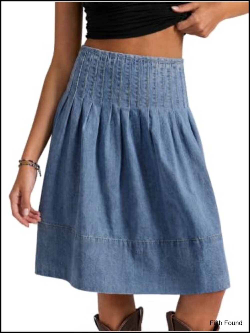 Womens Pleated Denim Midi Skirt High Waisted Casual A-Line Knee Length
